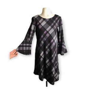 JH • Anthropologie | Purple & Black Plaid Peplum Sleeve Dress Keyhole Back •